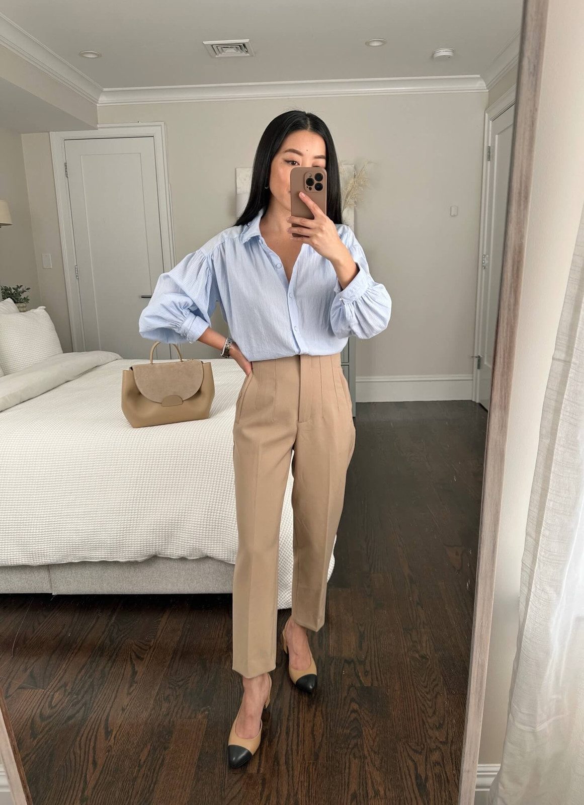 Polished Business Casual: Beige Trousers with Light Blue Striped Shirt — Therapist Outfits