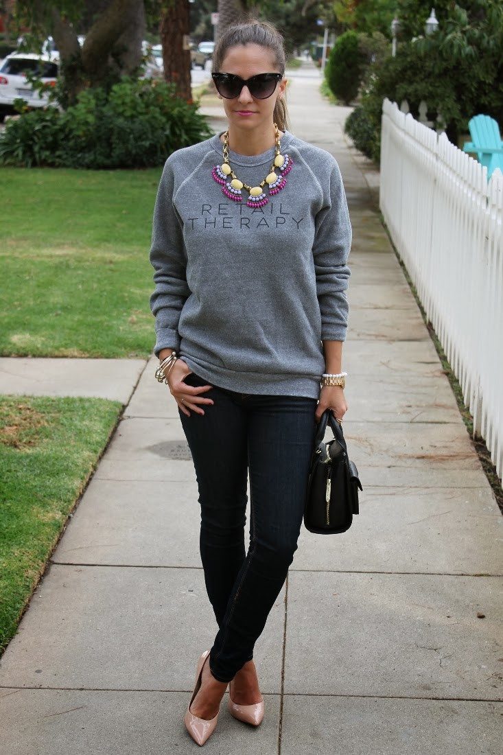 Casual Therapy Chic: 'Retail Therapy' Sweatshirt with Fitted Jeans — Therapist Outfits