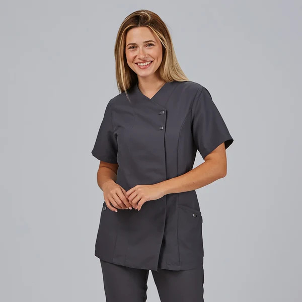 Streamlined Professionalism: Charcoal Wrap Top and Trousers — Therapist Outfits