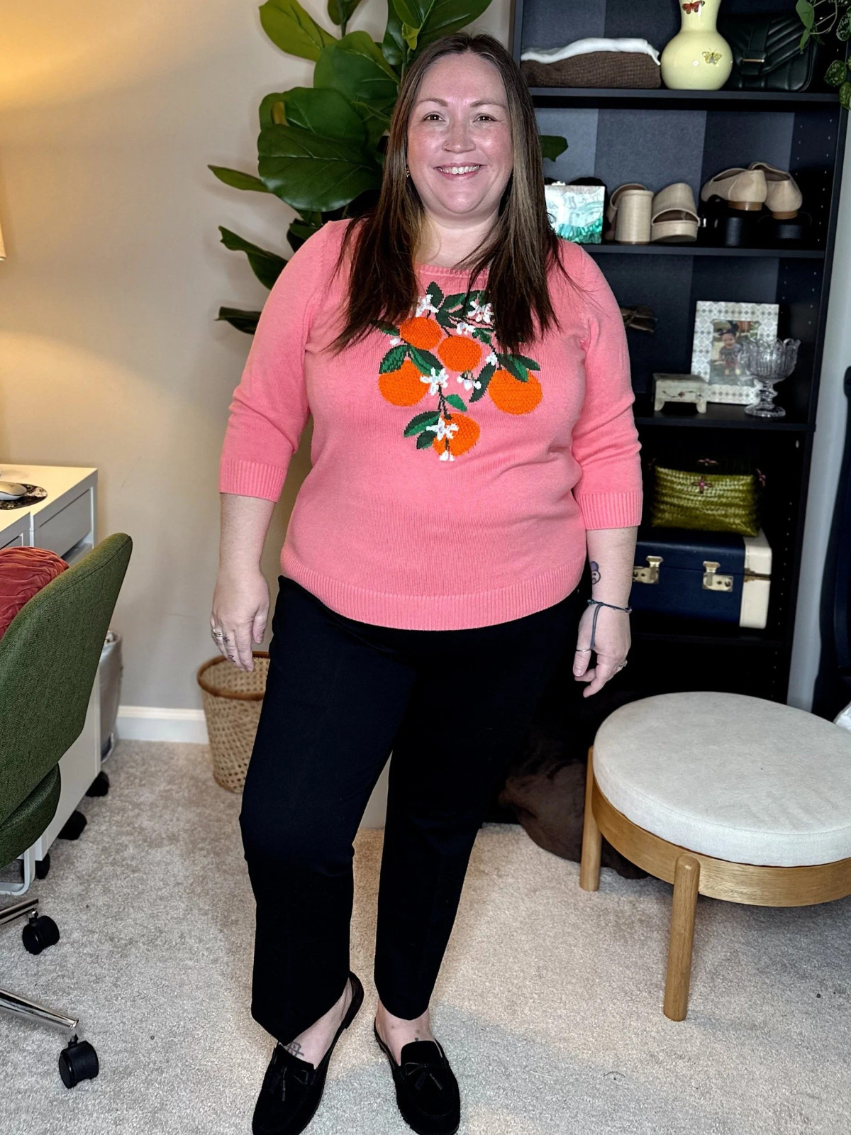 Embroidered Sweater Paired with Sleek Black Pants — Preschool Teacher Outfits