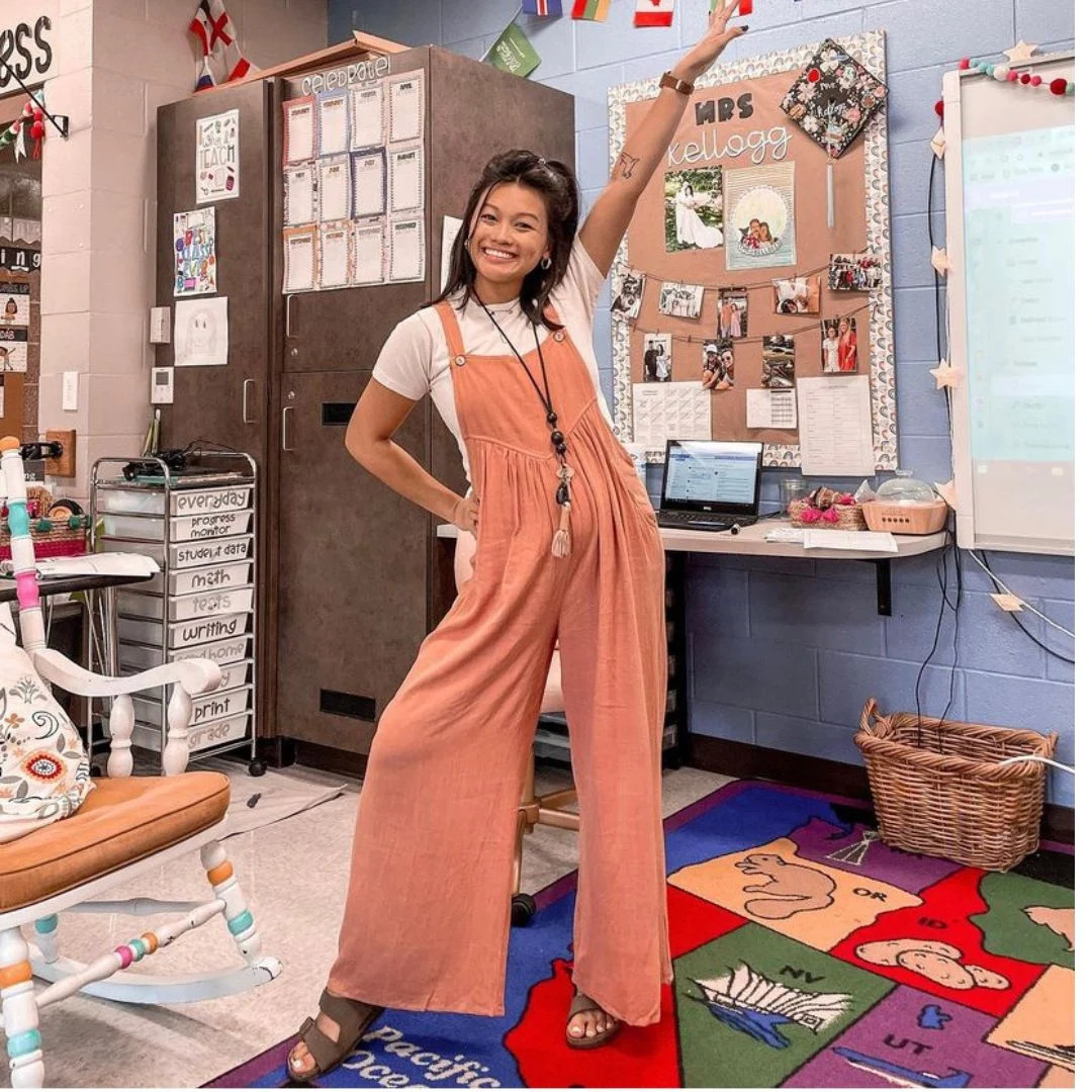 Chic Coral Jumpsuit for a Relaxed Classroom Vibe — Preschool Teacher Outfits
