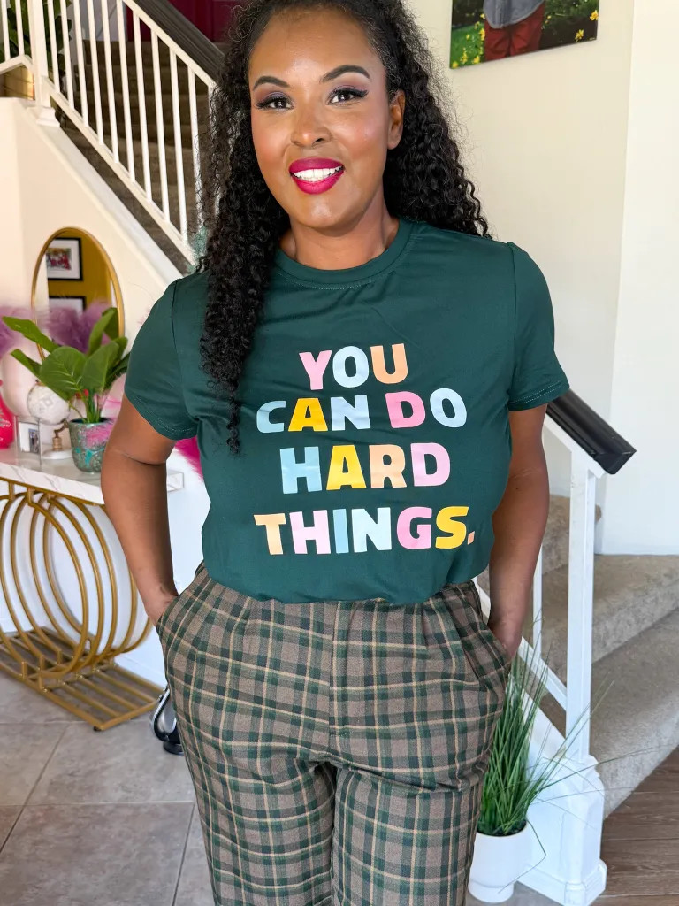 Casual Teacher Outfit Graphic Slogan Tee with Plaid Trousers — Preschool Teacher Outfits