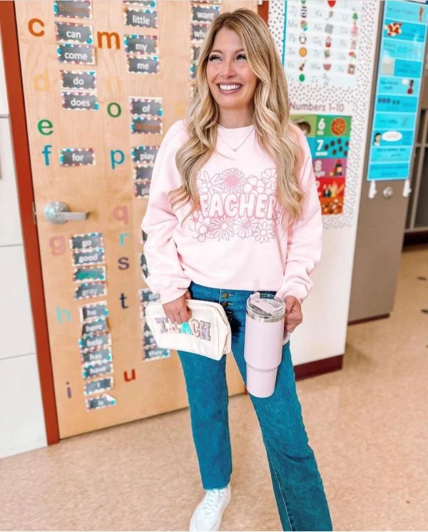 Graphic 'TEACHER' Sweatshirt and Jeans for a Casual Classroom Vibe — Kindergarten Teacher Outfits
