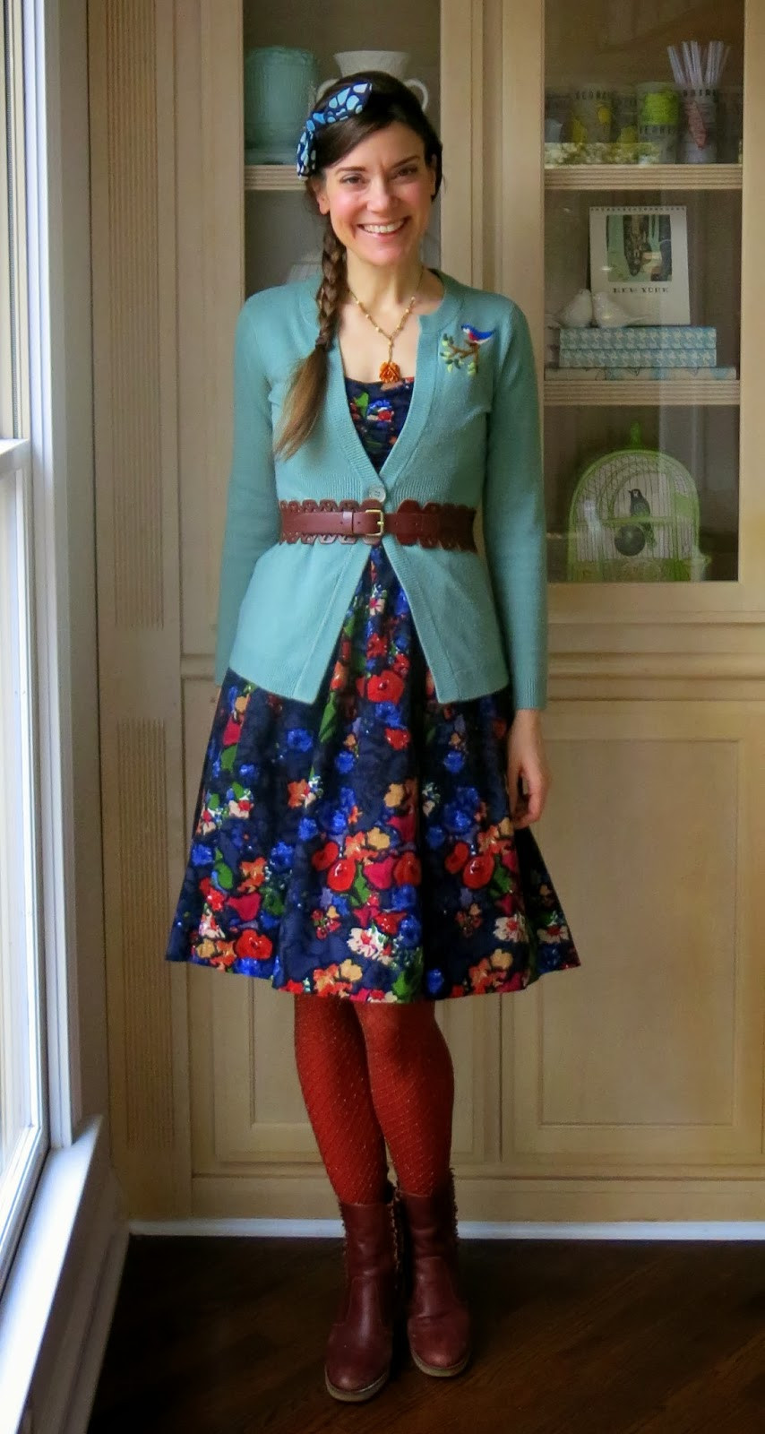 Floral Dress and Cardigan with Textured Tights for a Work-Appropriate Look — Kindergarten Teacher Outfits