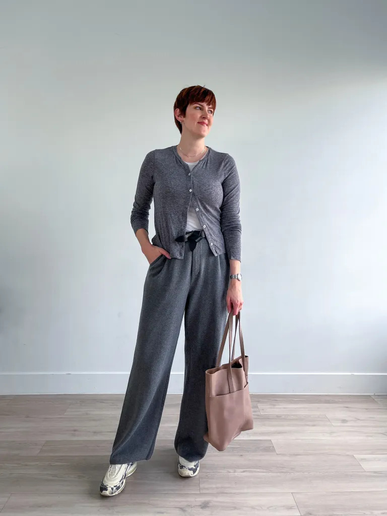 Grey Cardigan with White Tee and Wide-Leg Sweatpants — Student Teacher Outfits