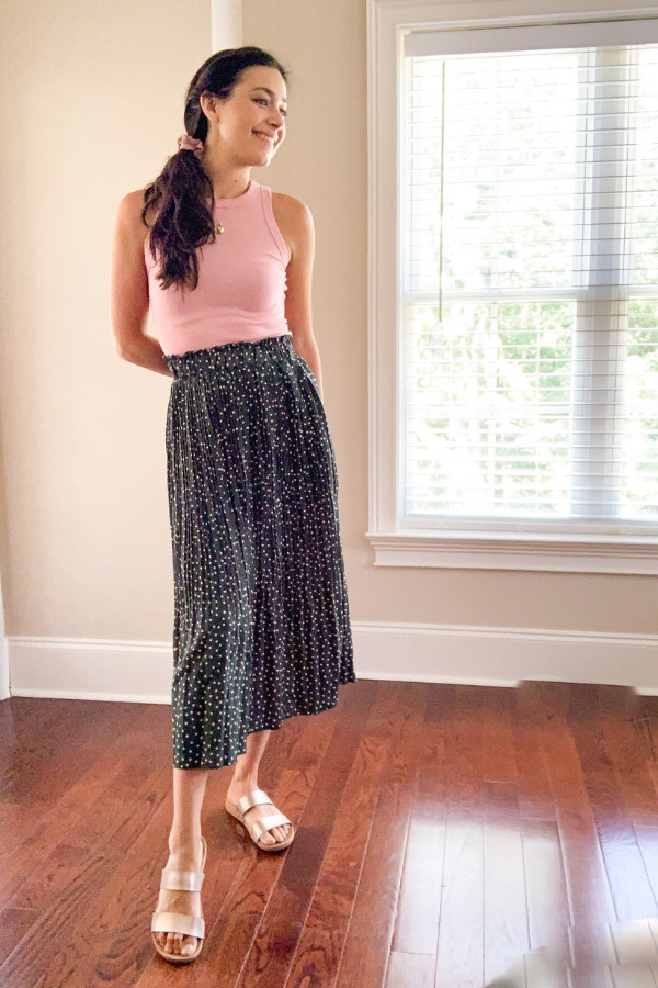 Polka Dot Midi Skirt with Ribbed Tank and Rose Gold Flats — Student Teacher Outfits