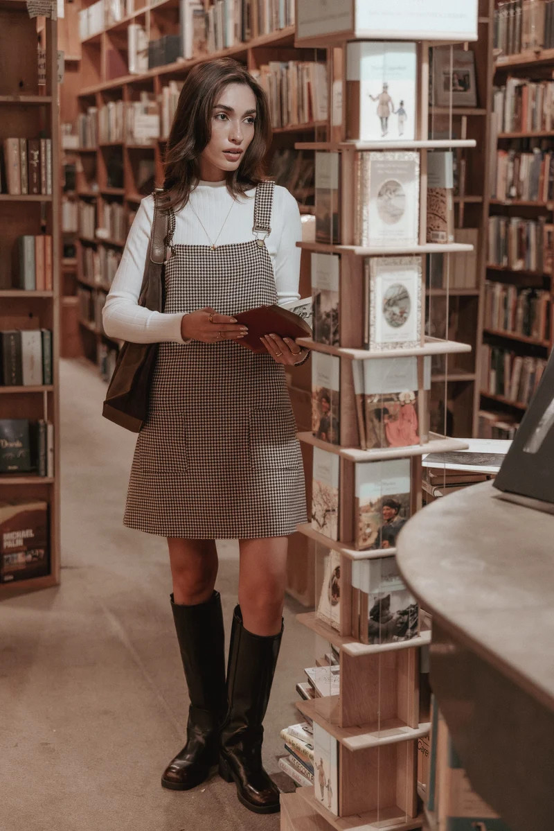 Houndstooth Pinafore Dress with Ribbed Top and Knee-High Boots — Student Teacher Outfits