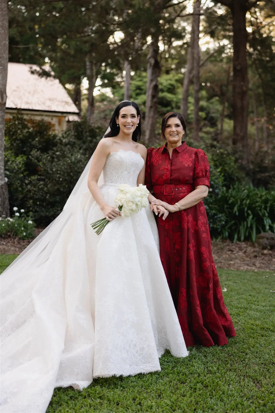 Vibrant Red Patterned A-Line Dress with Belted Waist Vibrant Red Patterned A-Line Dress with Belted Waist — Mother of the Groom Outfits