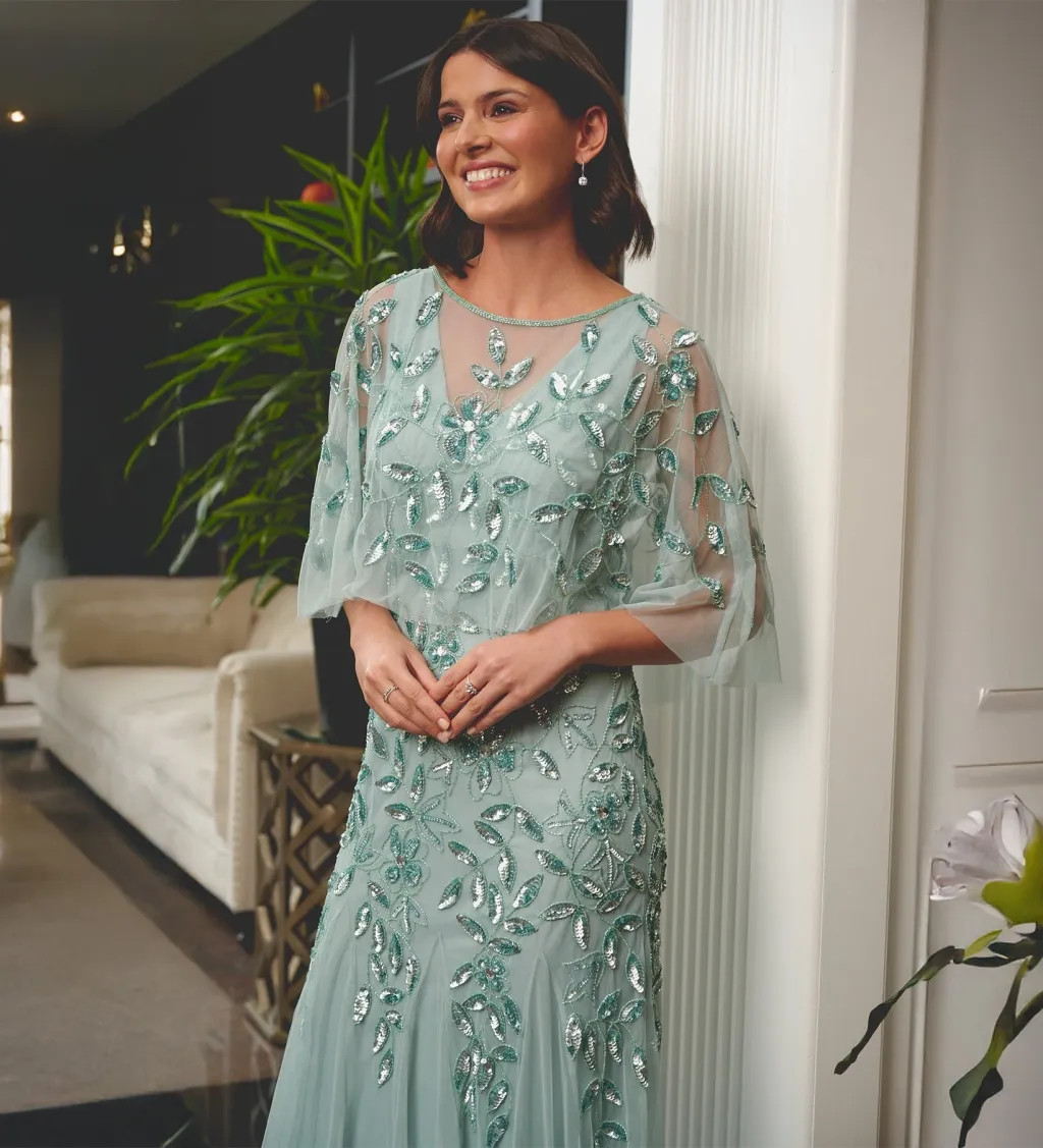 Deep Teal Chiffon Overlay Dress with Embellished Shoulder Deep Teal Chiffon Overlay Dress with Embellished Shoulder — Mother of the Groom Outfits