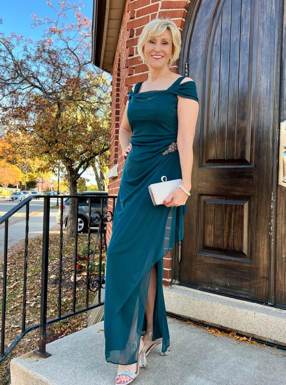 Teal Asymmetrical Draped Dress with Cold-Shoulder Detail Teal Asymmetrical Draped Dress with Cold-Shoulder Detail — Mother of the Groom Outfits