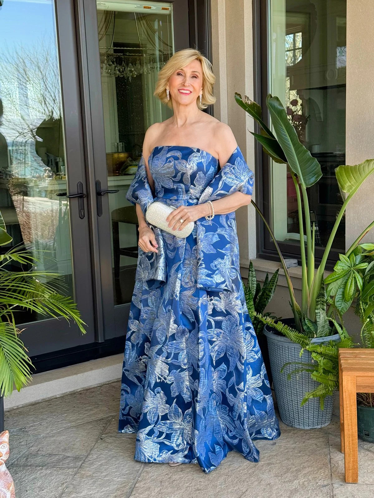 Strapless Brocade Gown with Floral Pattern and Matching Stole Strapless Brocade Gown with Floral Pattern and Matching Stole — Mother of the Groom Outfits