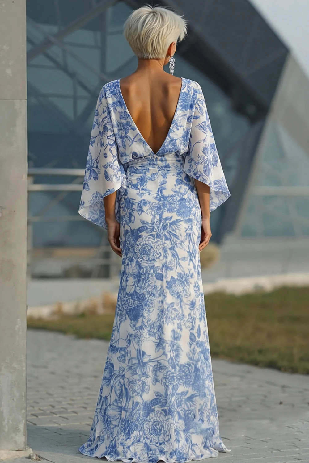 Flowing Blue and White Floral Chiffon Maxi Dress with Kimono Sleeves Flowing Blue and White Floral Chiffon Maxi Dress with Kimono Sleeves — Mother of the Groom Outfits