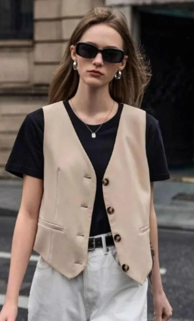 Layered Black T-Shirt with Beige Vest — Outfits for Broad Shoulders