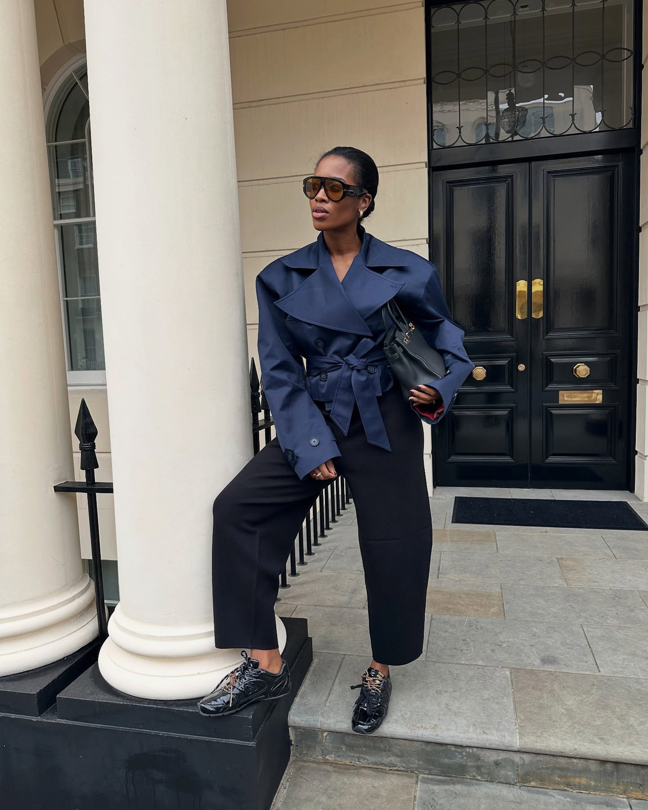 Navy Blue Belted Trench Coat and Wide-Leg Trousers — Outfits for Athletic Build