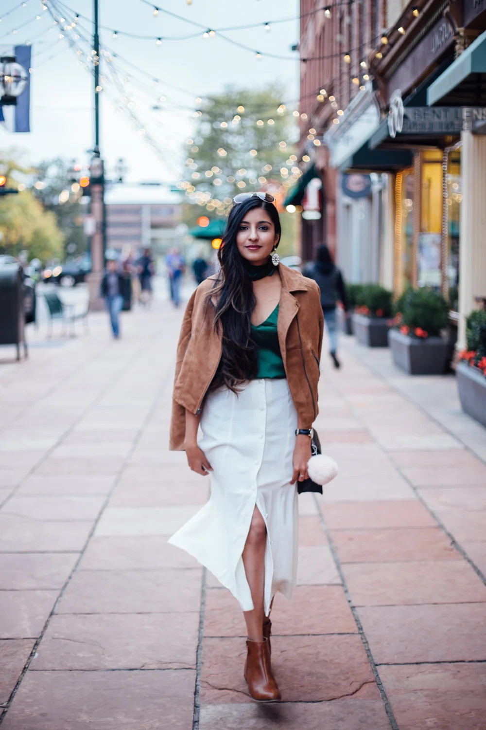 Satin Top and Midi Skirt with Suede Jacket Drape — Colorado Outfits