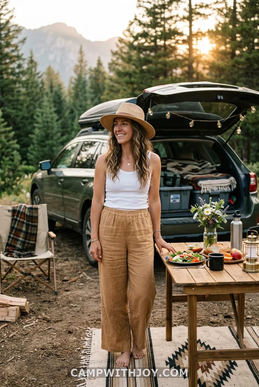 Relaxed Camping Style: Linen Pants and Straw Hat Relaxed Camping Style: Linen Pants and Straw Hat — Yosemite Outfits