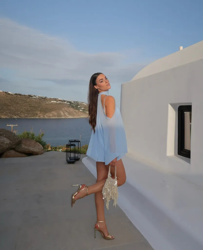 Santorini Evening Drinks: Pastel Blue Chiffon Mini Dress — Santorini Outfits