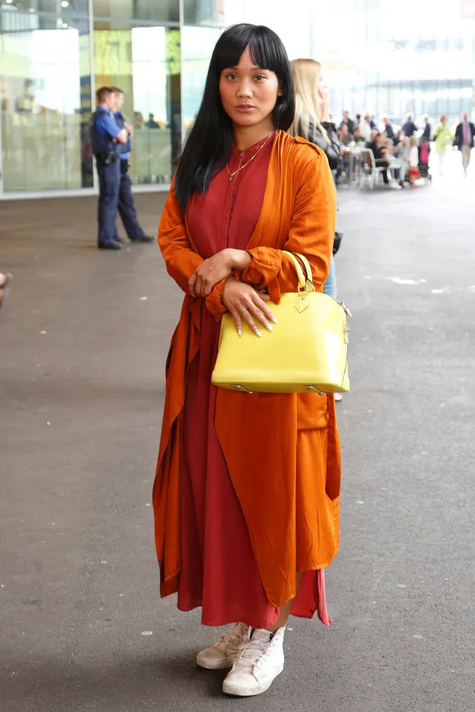 Bold Orange Cardigan and Red Dress with Yellow Bag Bold Orange Cardigan and Red Dress with Yellow Bag — Switzerland Outfits