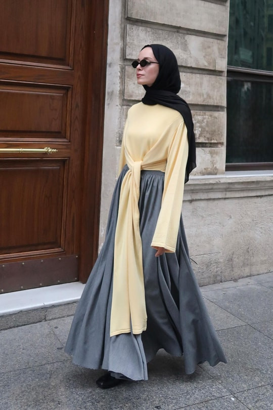 Pale Yellow Tie-Detail Top with Voluminous Grey Maxi Skirt — Turkey Outfits