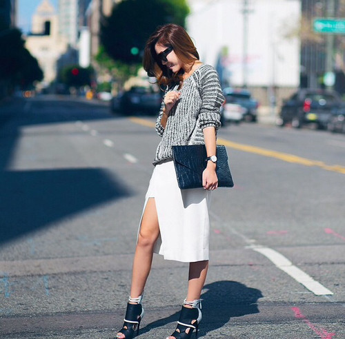 Grey Knit Sweater with White High-Slit Skirt — Turkey Outfits