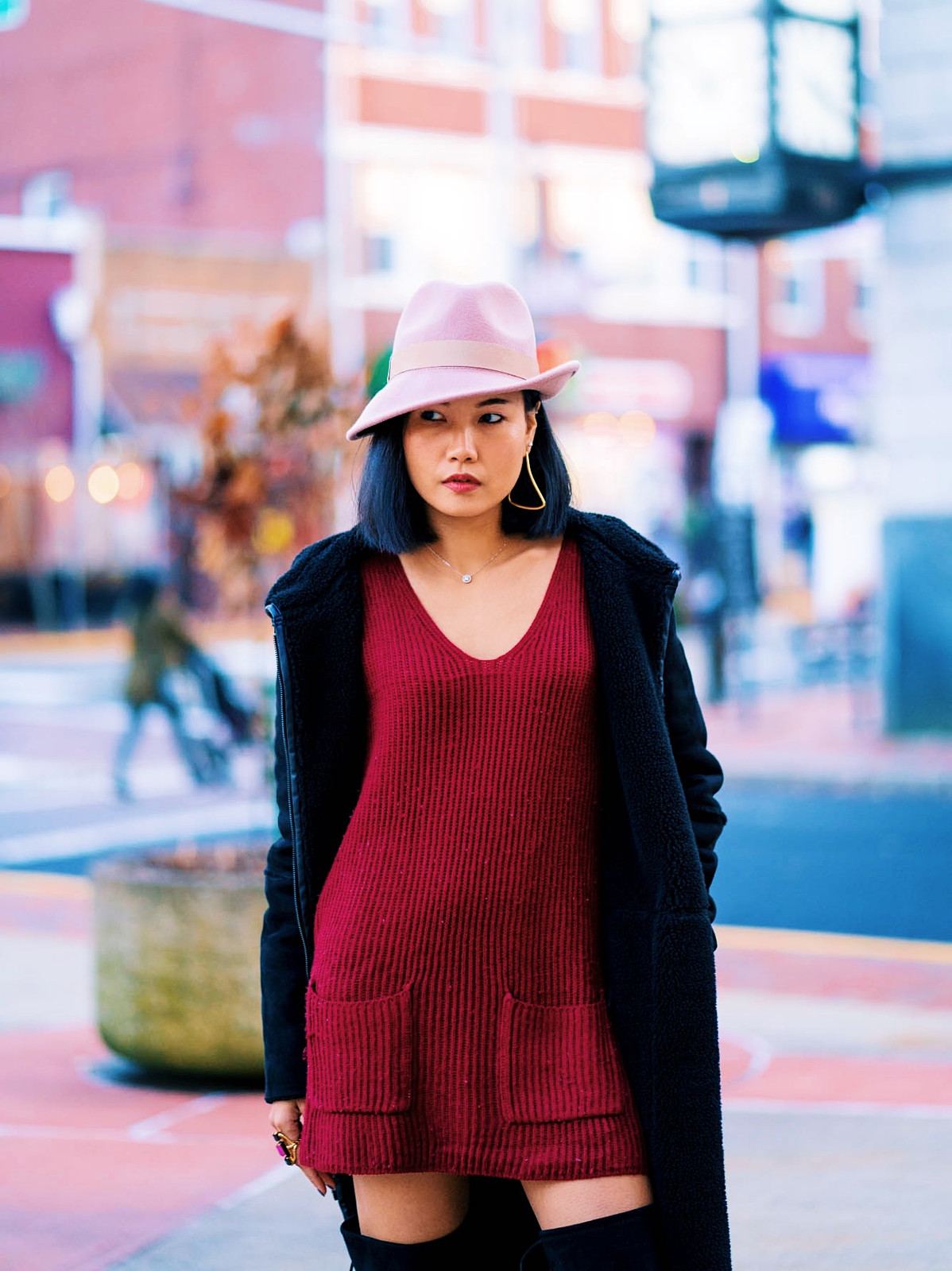 Burgundy Knit Dress and Black Sherpa-Lined Coat — Turkey Outfits