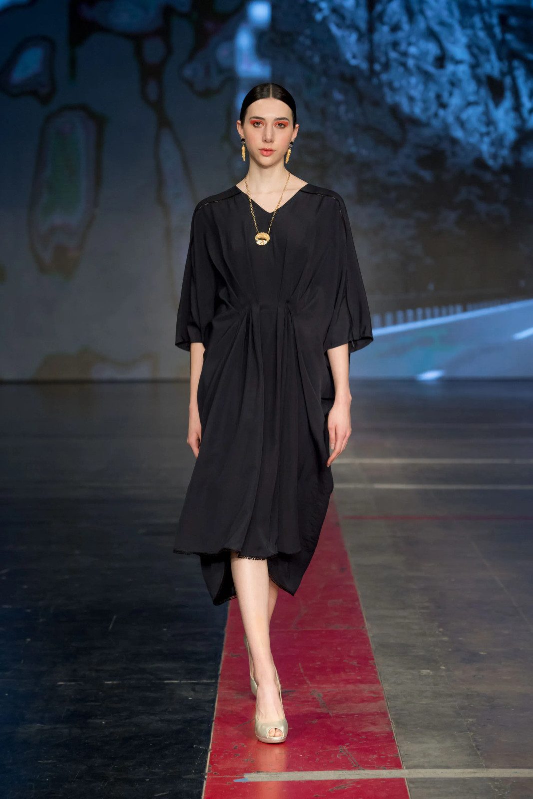 Elegant Draped Midi Dress with Statement Necklace — Mexico City Outfits