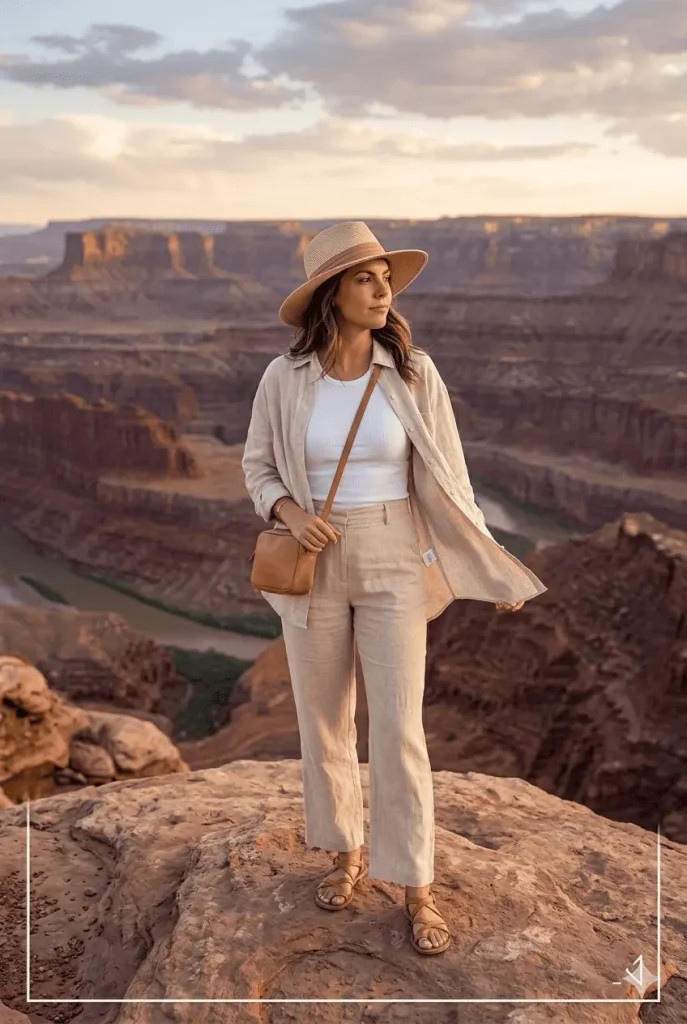 Relaxed Linen Set with Straw Hat for Outdoor Exploration — Peru Outfits