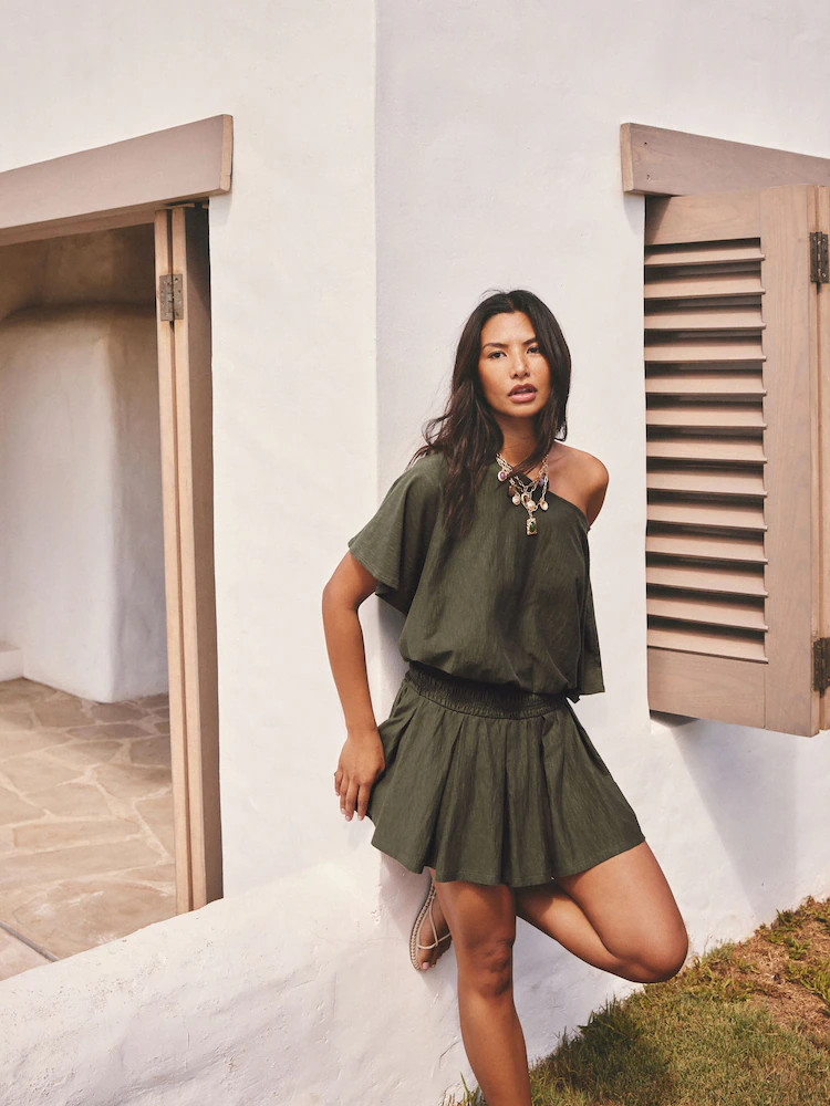 Olive Green Off-the-Shoulder Top and Mini Skirt for Resort Vibes — Peru Outfits