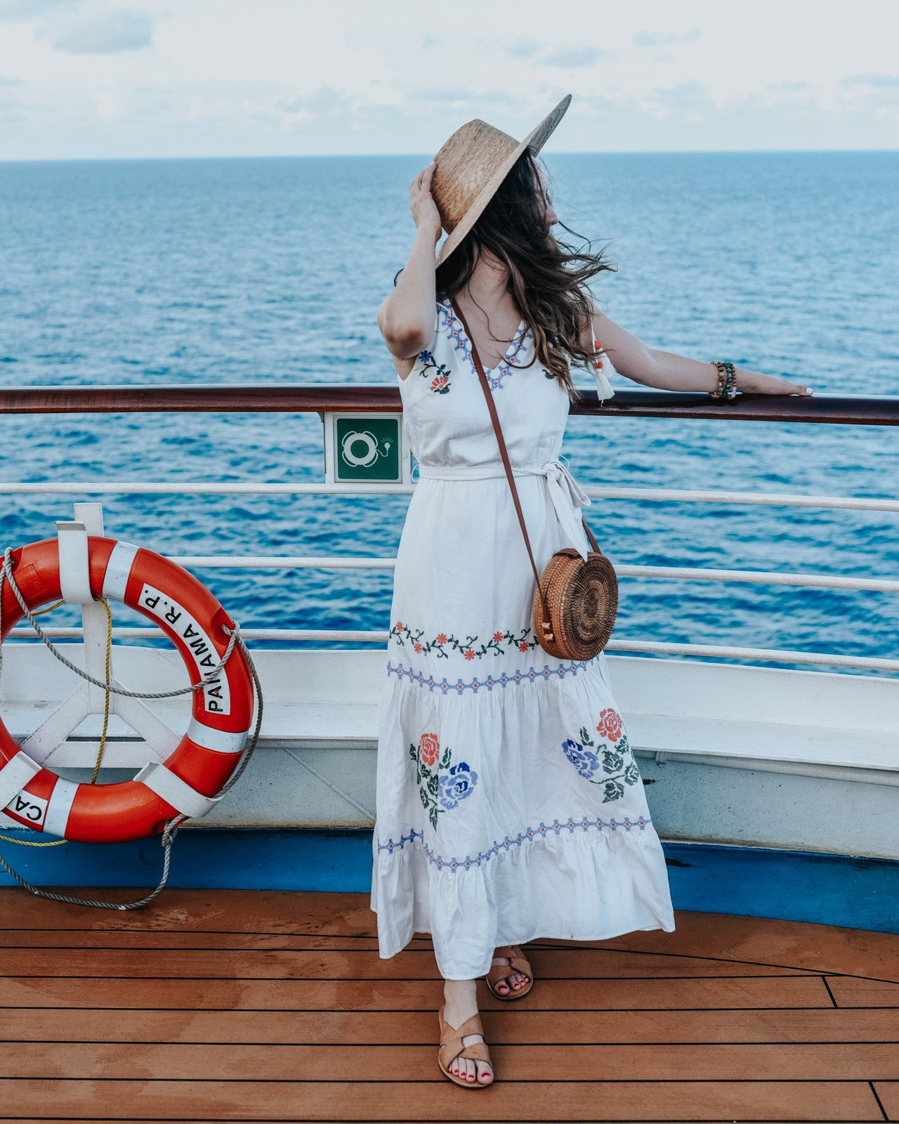 Embroidered Maxi Dress with Straw Accessories — Caribbean Cruise Outfits