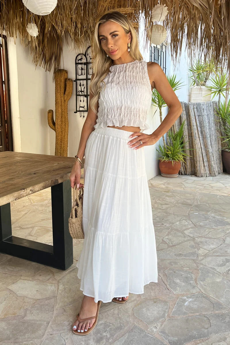 White Tiered Maxi Skirt with Smocked Crop Top for Summer White Tiered Maxi Skirt with Smocked Crop Top for Summer — Tiered Skirt Outfits