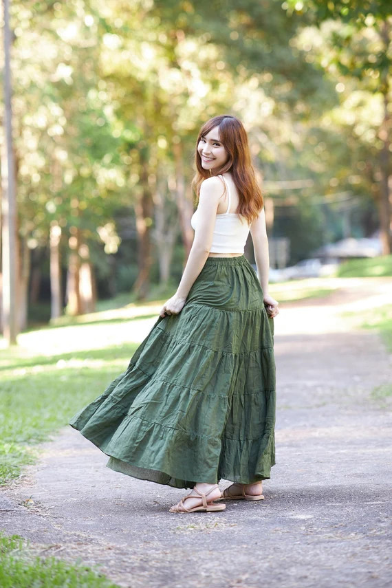 Olive Green Tiered Maxi Skirt with Cropped Tank Top Olive Green Tiered Maxi Skirt with Cropped Tank Top — Tiered Skirt Outfits