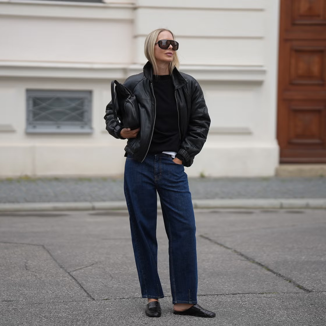 Edgy Chic: Dark Wash Wide-Leg Jeans with Leather Bomber — Dark Wash Jeans Outfits