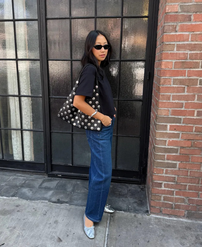Silver Pointed Flats Outfit Idea — Dark Wash Jeans Outfits
