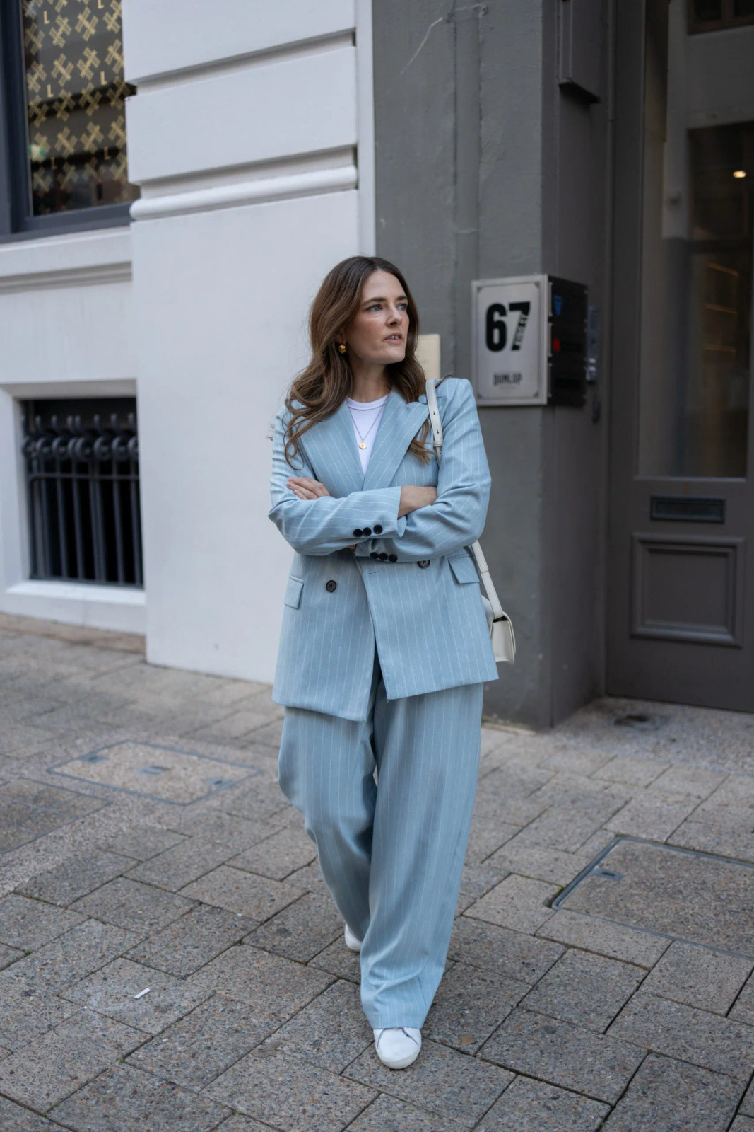 Modern Suiting: Light Blue Pinstripes with a T-Shirt and Sneakers — Pinstripe Pants Outfits