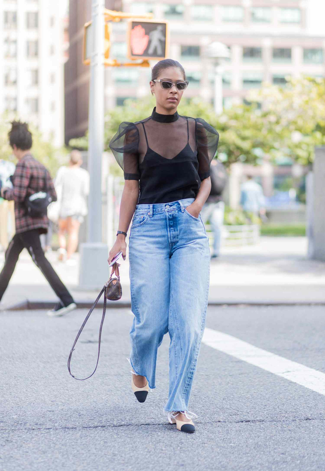 Puff-Sleeve Sheer Top with Relaxed-Fit Denim — Sheer Top Outfits