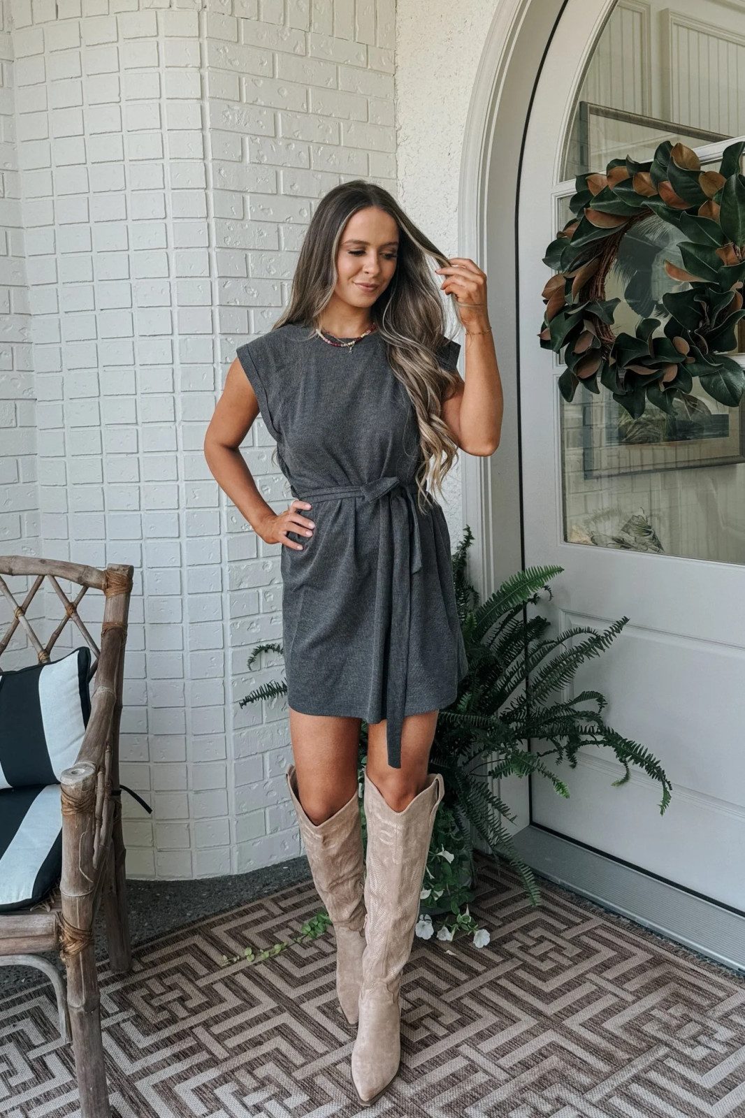 Charcoal Grey T-Shirt Mini Dress with Knee-High Boots Charcoal Grey T-Shirt Mini Dress with Knee-High Boots — Mini Dress Outfits