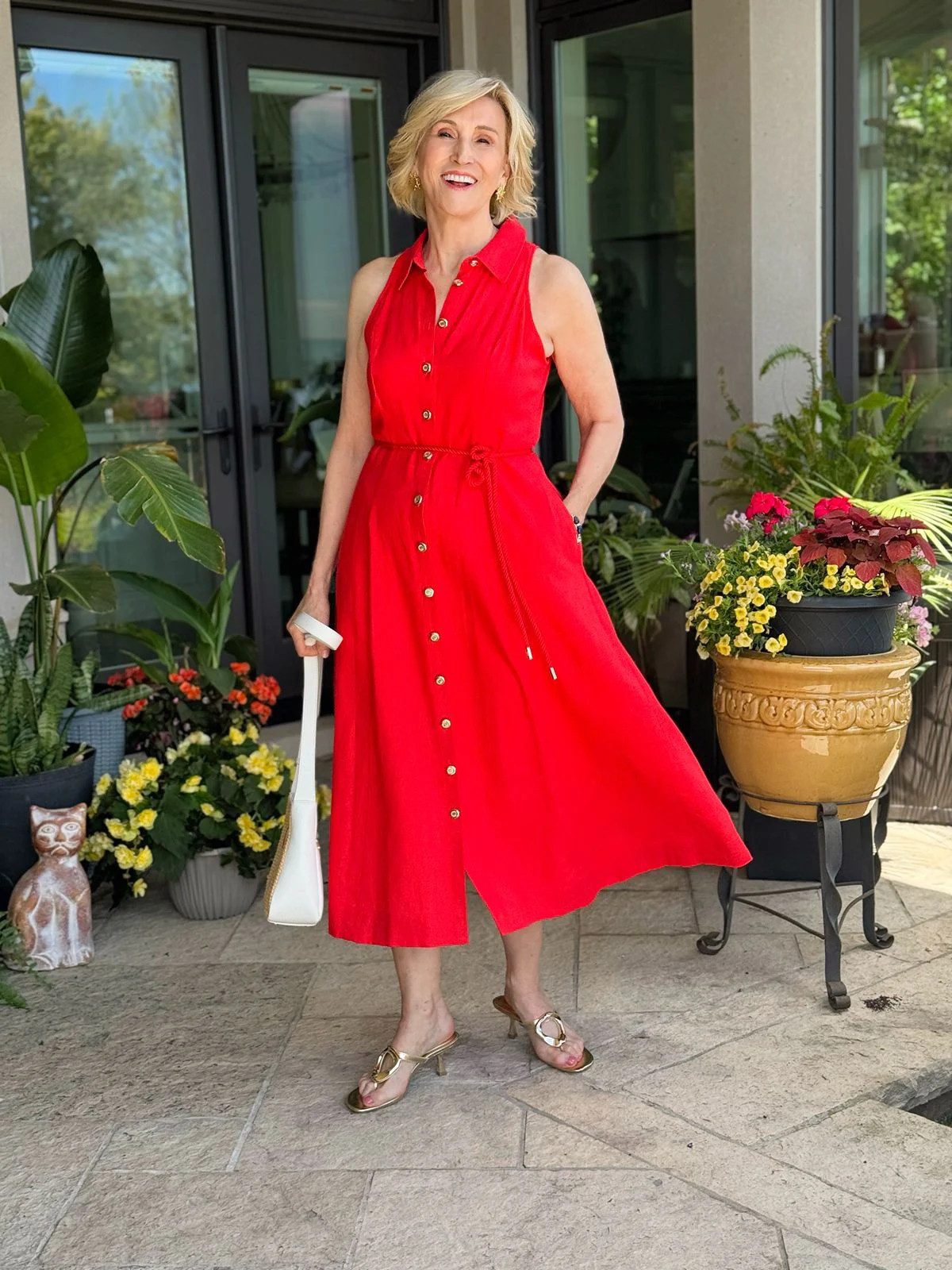 Bright Red Linen-Blend Shirt Dress with Gold Heels — Shirt Dress Outfits