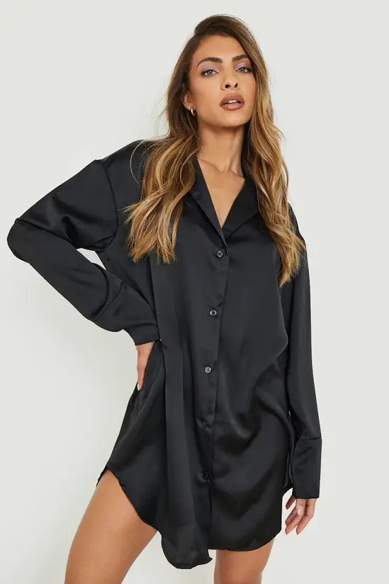 Black Satin Oversized Shirt Dress for Evening — Shirt Dress Outfits