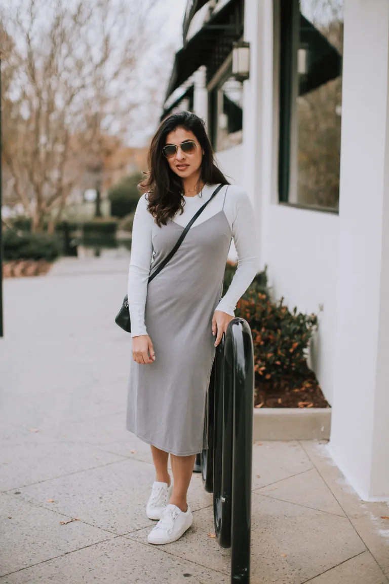 Modern Mix: Grey Satin Slip Dress with Casual Sneakers Modern Mix: Grey Satin Slip Dress with Casual Sneakers — Slip Dress Over T Shirt
