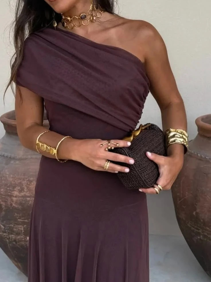 Lavender Off-the-Shoulder Satin Maxi Dress with High Slit — Off the Shoulder Dresses