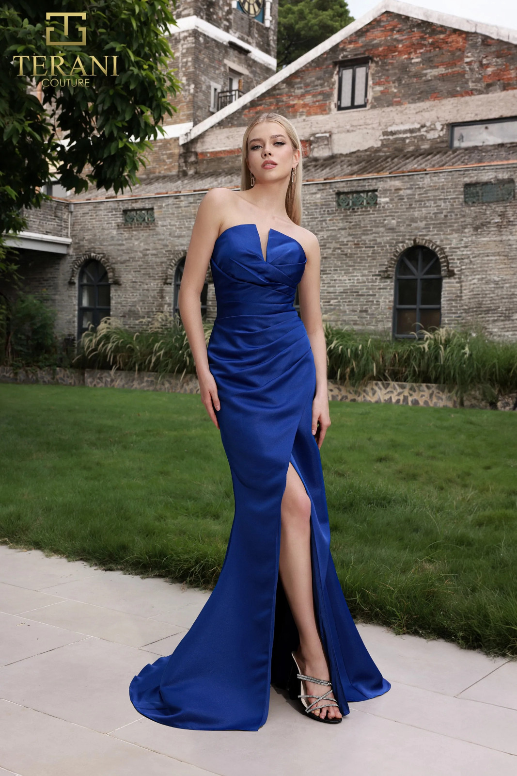 Royal Blue Satin Strapless Gown with Plunging Neckline and High Slit — Strapless Dresses
