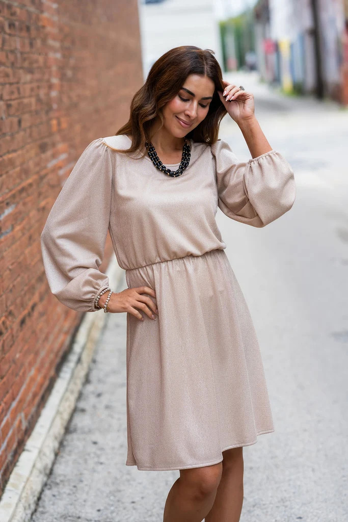 Champagne Shimmer Knit Mini with Puffed Sleeves — Long Sleeve Dresses