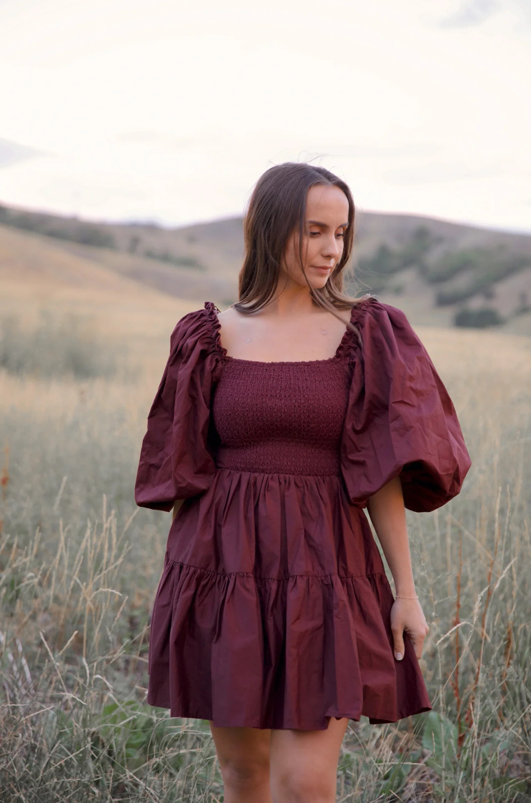 Maroon Brown Tiered Puff Sleeve Dress for Bohemian Style Maroon Brown Tiered Puff Sleeve Dress for Bohemian Style — Puff Sleeve Dresses