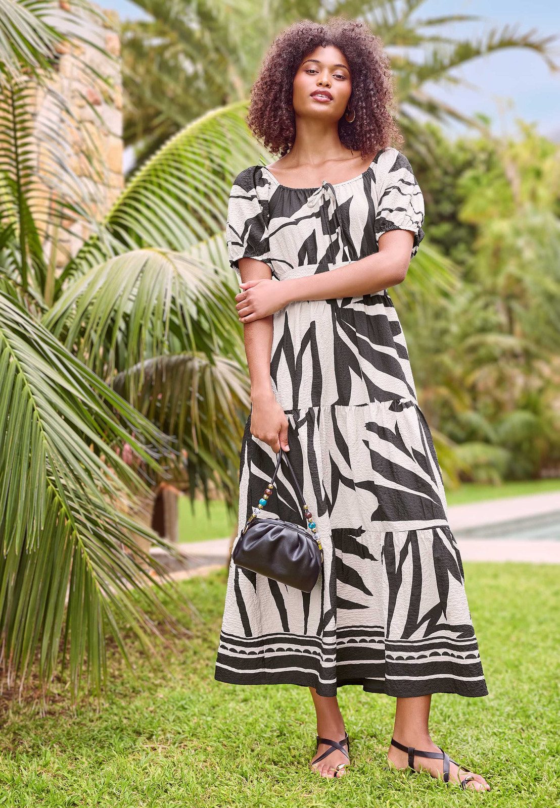 Bold Black and Cream Leaf Print Tiered Maxi Milkmaid Dress — Milkmaid Dresses