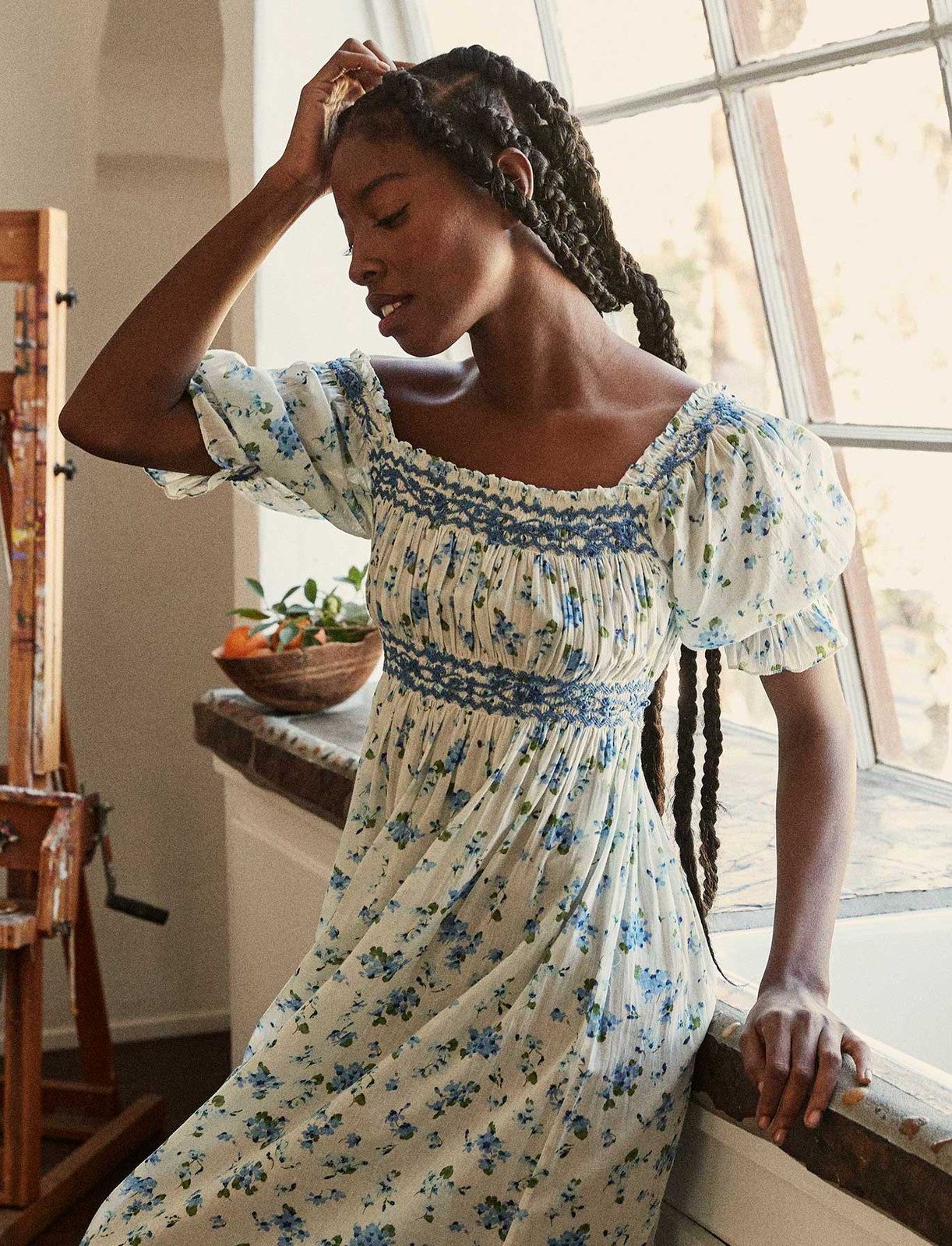 Romantic White Blue Floral Smocked Bodice Milkmaid Dress — Milkmaid Dresses