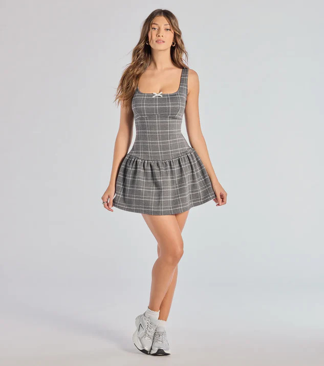 Grey and White Plaid Sleeveless Pleated Drop Waist Dress Grey and White Plaid Sleeveless Pleated Drop Waist Dress — Drop Waist Dresses