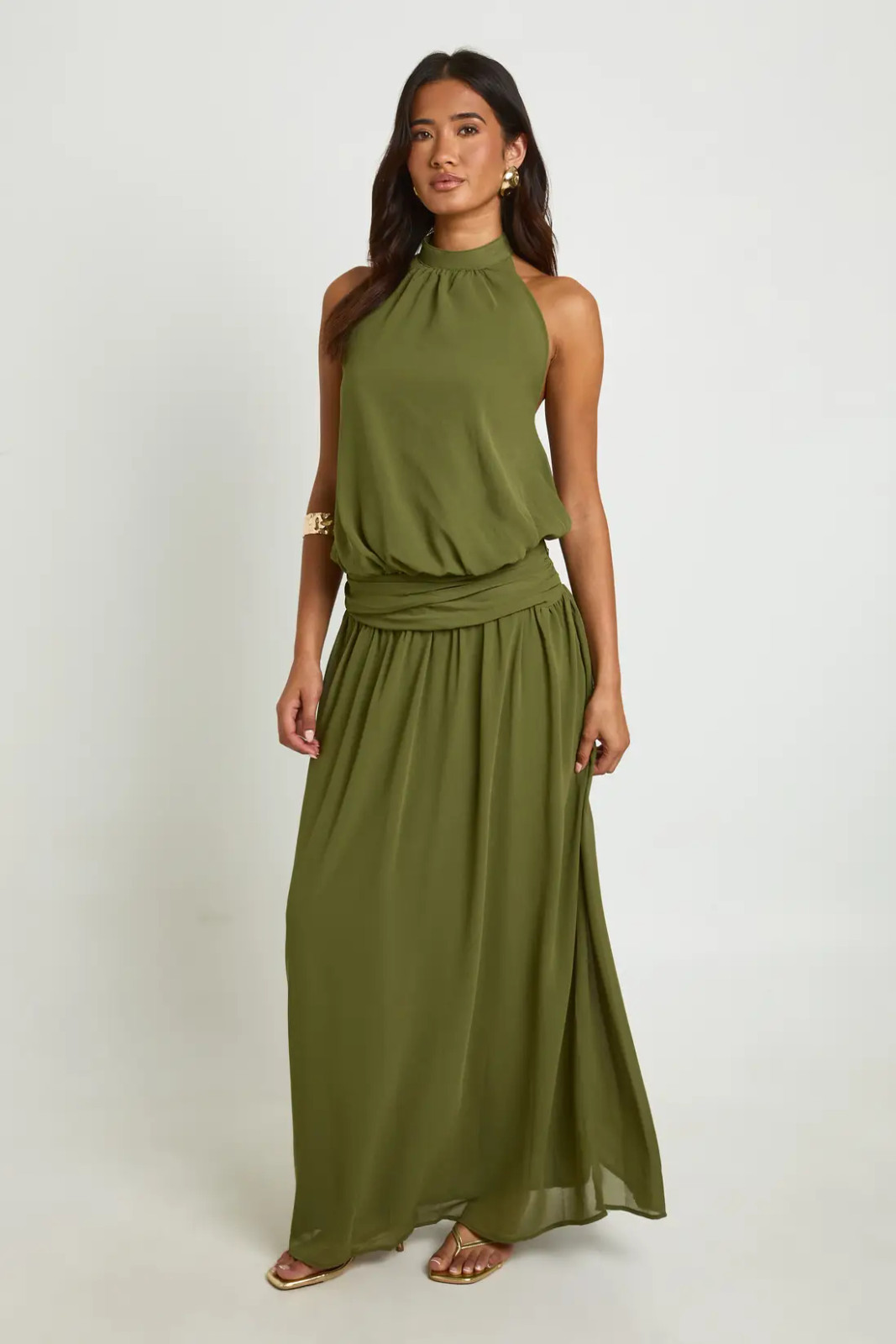 Olive Green Chiffon Maxi Dress with Ruched Drop Waist Olive Green Chiffon Maxi Dress with Ruched Drop Waist — Drop Waist Dresses