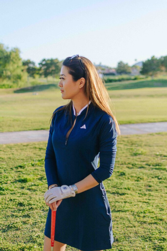 Navy Long-Sleeve Polo Dress with Quarter-Zip and White Trim Navy Long-Sleeve Polo Dress with Quarter-Zip and White Trim — Golf Dresses