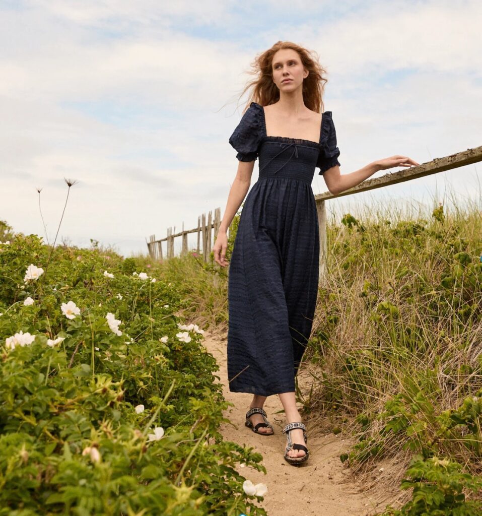 Navy Blue Nap Dress with Puffed Sleeves and Patterned Sandals Navy Blue Nap Dress with Puffed Sleeves and Patterned Sandals — Nap Dresses