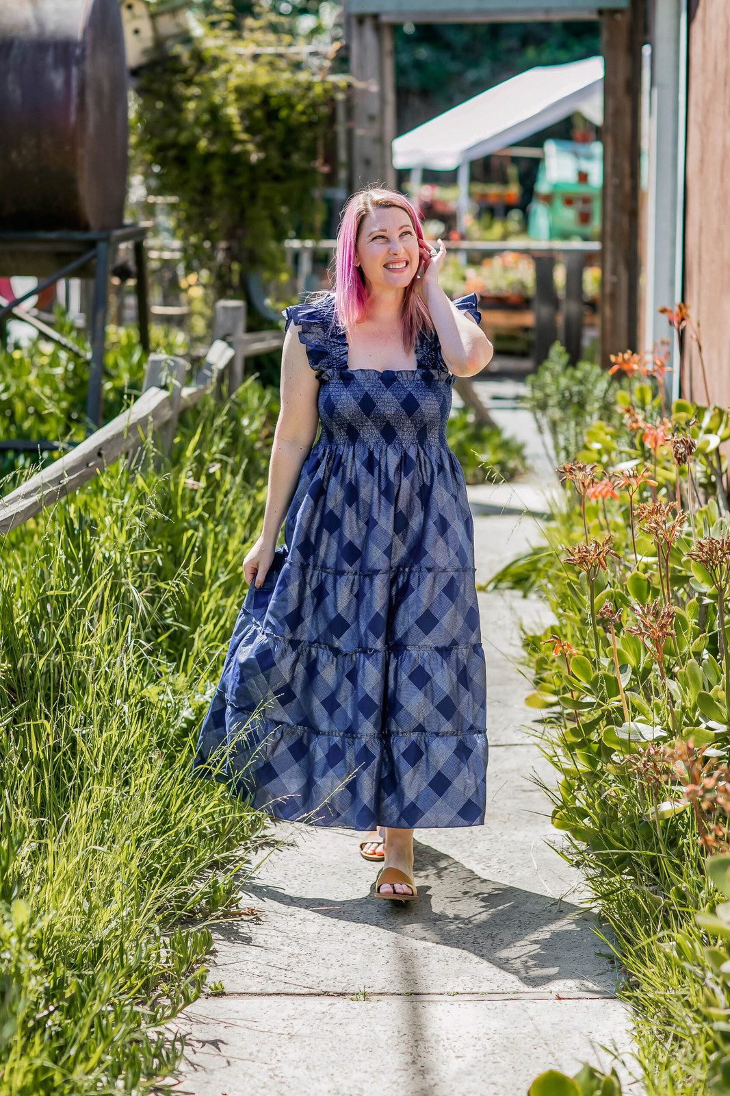 Blue and White Checkered Tiered Maxi Dress with Flat Sandals Blue and White Checkered Tiered Maxi Dress with Flat Sandals — Nap Dresses